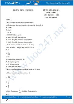 Bộ 5 đề thi giữa HK2 môn Toán 5 năm 2021-2022 có đáp án Trường TH Tô Vĩnh Diện