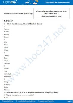 Bộ 5 đề thi giữa HK2 môn Tiếng Anh 5 có đáp án năm 2021-2022 Trường TH Trần Quang Diệu