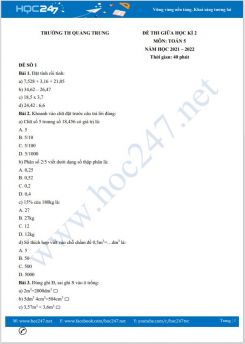 Bộ 5 đề thi giữa HK2 môn Toán 5 năm 2021-2022 có đáp án Trường TH Quang Trung