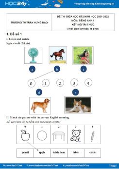 Bộ 5 đề thi giữa HK2 môn Tiếng Anh 1 KNTT có đáp án năm 2021-2022 Trường TH Trần Hưng Đạo