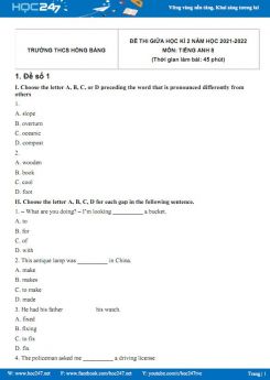 Bộ 5 đề thi giữa HK2 môn Tiếng Anh 8 có đáp án năm 2021-2022 Trường THCS Hồng Bàng