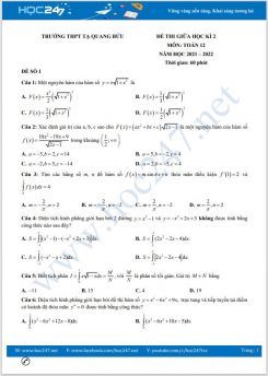 Bộ 5 đề thi giữa HK2 môn Toán 12 năm 2021-2022 có đáp án Trường THPT Tạ Quang Bửu