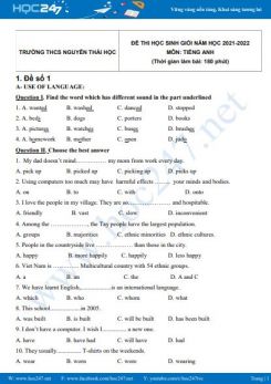 Bộ 5 đề thi HSG môn Tiếng Anh 8 có đáp án năm 2021-2022 Trường THCS Nguyễn Thái Học