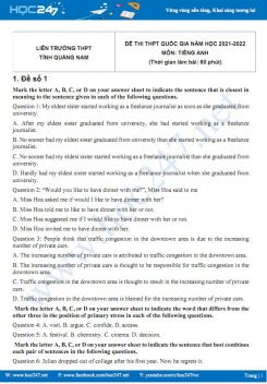 Bộ 5 đề thi thử THPT QG môn Tiếng Anh năm 2021-2022 có đáp án Lần 1 Liên trường THPT tỉnh Quảng Nam