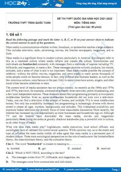 Bộ 5 đề thi thử THPT QG môn Tiếng Anh năm 2021-2022 có đáp án Trường THPT Trần Quốc Tuấn