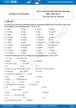 Bộ 5 đề thi HSG môn Tiếng Anh 7 có đáp án năm 2021-2022 Trường THCS Kim Đồng