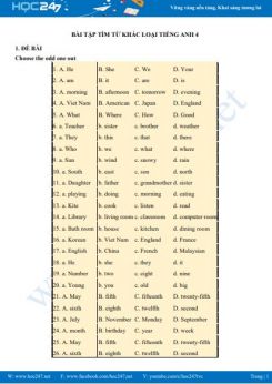 Bài tập tìm từ khác loại Tiếng Anh 4