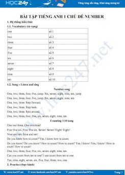 Bài tập Tiếng Anh 1 chủ đề Number
