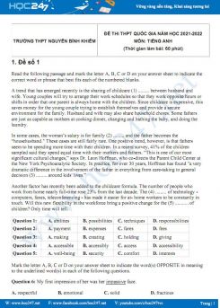 Bộ 5 đề thi thử THPT QG môn Tiếng Anh năm 2021-2022 có đáp án Trường THPT Nguyễn Bỉnh Khiêm