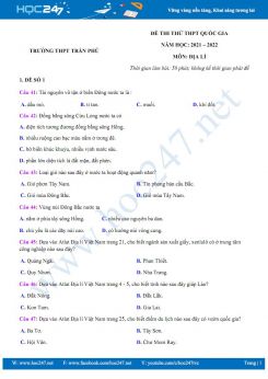 Bộ 5 đề thi thử THPT QG môn Địa Lí năm 2021-2022 - Trường THPT Trần Phú lần 1 có đáp án