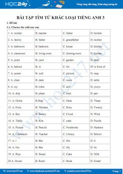 Bài tập tìm từ khác loại Tiếng Anh 3