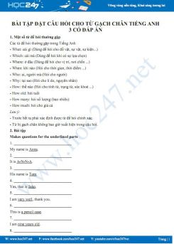 Bài tập đặt câu hỏi cho từ gạch chân Tiếng Anh 3 có đáp án