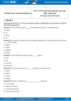 Bộ 5 đề thi thử THPT QG môn Tiếng Anh năm 2021-2022 có đáp án Trường THPT Nguyễn Trường Tộ