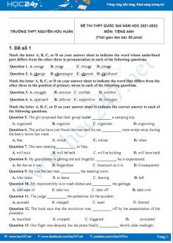 Bộ 5 đề thi thử THPT QG môn Tiếng Anh năm 2021-2022 có đáp án Trường THPT Nguyễn Hữu Huân