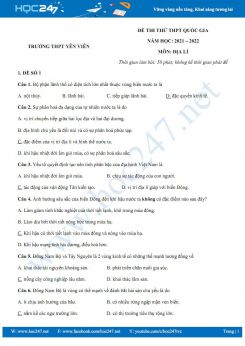Bộ 5 đề thi thử THPT QG môn Địa Lí năm 2021-2022 - Trường THPT Yên Viên có đáp án
