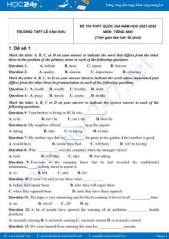 Bộ 5 đề thi thử THPT QG môn Tiếng Anh năm 2021-2022 có đáp án Trường THPT Lê Văn Hưu