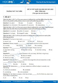 Bộ 5 đề thi thử THPT QG môn Tiếng Anh năm 2021-2022 có đáp án Trường THPT Thủ Thiêm