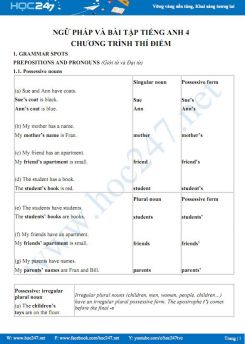 Ngữ pháp và bài tập Tiếng Anh 4 chương trình Thí điểm