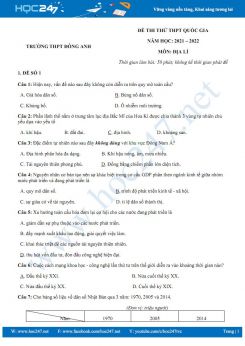 Bộ 5 đề thi thử THPT QG môn Địa Lí năm 2021-2022 - Trường THPT Đông Anh có đáp án