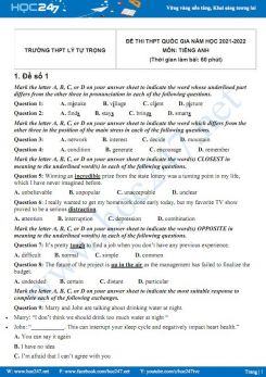 Bộ 5 đề thi thử THPT QG môn Tiếng Anh năm 2021-2022 có đáp án Trường THPT Lý Tự Trọng