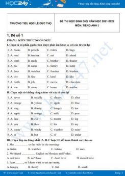 Bộ 5 đề thi HSG môn Tiếng Anh 5 có đáp án năm 2021-2022 Trường TH Lê Đức Thọ