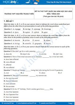 Bộ 5 đề thi thử THPT QG môn Tiếng Anh năm 2021-2022 có đáp án Trường THPT Nguyễn Trung Thiên Lần 1