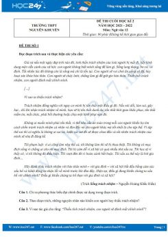 Bộ 3 đề thi HK2 môn Ngữ văn 12 có đáp án năm 2021-2022 trường THPT Nguyễn Khuyến