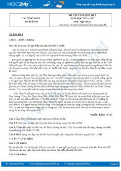 Bộ 3 đề thi HK2 môn Ngữ văn 12 có đáp án năm 2021-2022 trường THPT Thái Bình