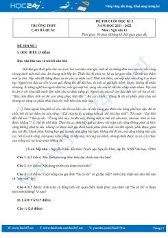Bộ 3 đề thi HK2 môn Ngữ văn 11 có đáp án năm 2021-2022 trường THPT Cao Bá Quát