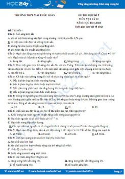 Bộ 5 đề thi HK2 môn Vật Lý 12 năm 2021-2022 có đáp án Trường THPT Mai Thúc Loan