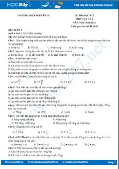 Bộ 5 đề thi HK2 môn Vật Lý 8 năm 2021-2022 có đáp án Trường THCS Nguyễn Du