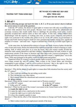 Bộ 5 đề thi HK2 môn Tiếng Anh 12 có đáp án năm 2021-2022 Trường THPT Trần Hưng Đạo