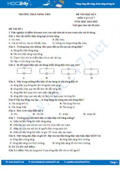 Bộ 5 đề thi HK2 môn Vật Lý 7 năm 2021-2022 có đáp án Trường THCS Minh Tiến