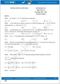 Bộ 5 đề thi HK2 môn Toán 12 năm 2021-2022 có đáp án Trường THPT Nguyễn Trãi