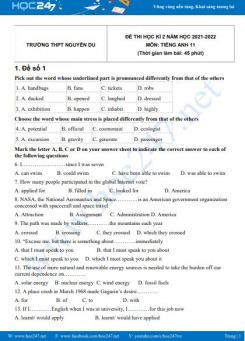 Bộ 5 đề thi HK2 môn Tiếng Anh 11 có đáp án năm 2021-2022 Trường THPT Nguyễn Du