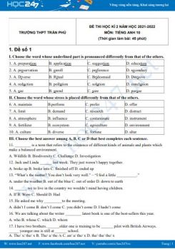 Bộ 5 đề thi HK2 môn Tiếng Anh 10 có đáp án năm 2021-2022 Trường THPT Trần Phú