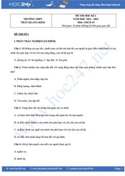 Bộ 3 đề thi HK2 môn GDCD 10 có đáp án năm 2021-2022 Trường THPT Tần Quang Khải