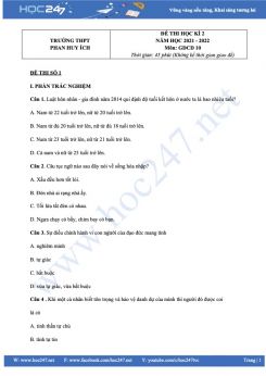 Bộ 3 đề thi HK2 môn GDCD 10 có đáp án năm 2021-2022 Trường THPT GDCD Phan Huy Ích