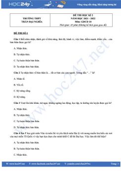 Bộ 3 đề thi HK2 môn GDCD 10 có đáp án năm 2021-2022 Trường THPT Trần Đại Nghĩa