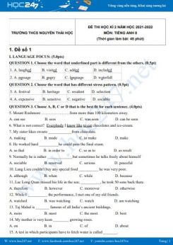 Bộ 5 đề thi HK2 môn Tiếng Anh 8 có đáp án năm 2021-2022 Trường THCS Nguyễn Thái Học