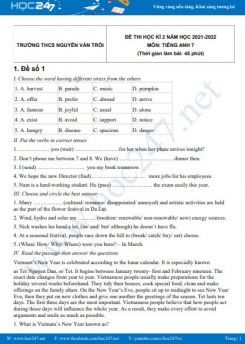 Bộ 5 đề thi HK2 môn Tiếng Anh 7 có đáp án năm 2021-2022 Trường THCS Nguyễn Văn Trỗi
