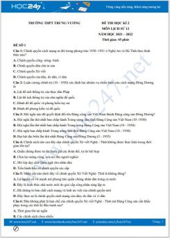 Bộ 5 đề thi HK2 môn Lịch Sử 12 năm 2021-2022 có đáp án Trường THPT Trưng Vương