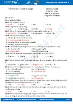 Bộ 5 đề thi HK2 môn Vật Lý 10 năm 2021-2022 có đáp án Trường THPT Lý Thường Kiệt