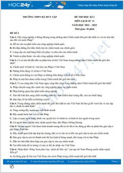 Bộ 5 đề thi HK2 môn Lịch Sử 11 năm 2021-2022 có đáp án Trường THPT Hà Huy Tập