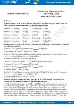 Bộ 5 đề thi HK2 môn Tiếng Anh 12 có đáp án năm 2021-2022 Trường THPT Ngô Quyền