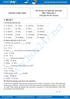Bộ 5 đề thi HK2 môn Tiếng Anh 5 có đáp án năm 2021-2022 Trường TH Bình Triệu