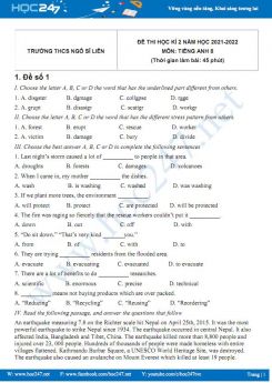 Bộ 5 đề thi HK2 môn Tiếng Anh 8 có đáp án năm 2021-2022 Trường THCS Ngô Sĩ Liên