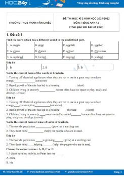 Bộ 5 đề thi HK2 môn Tiếng Anh 7 có đáp án năm 2021-2022 Trường THCS Phạm Văn Chiêu