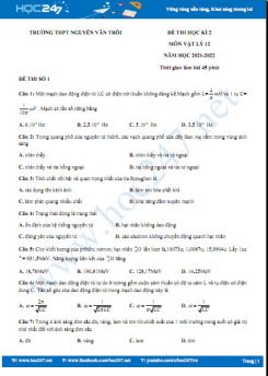 Bộ 5 đề thi HK2 môn Vật Lý 12 năm 2021-2022 có đáp án Trường THPT Nguyễn Văn Trỗi