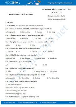 Bộ 5 đề thi HK2 môn Địa Lí 7 năm 2021-2022 -Trường THCS Trường Chinh có đáp án